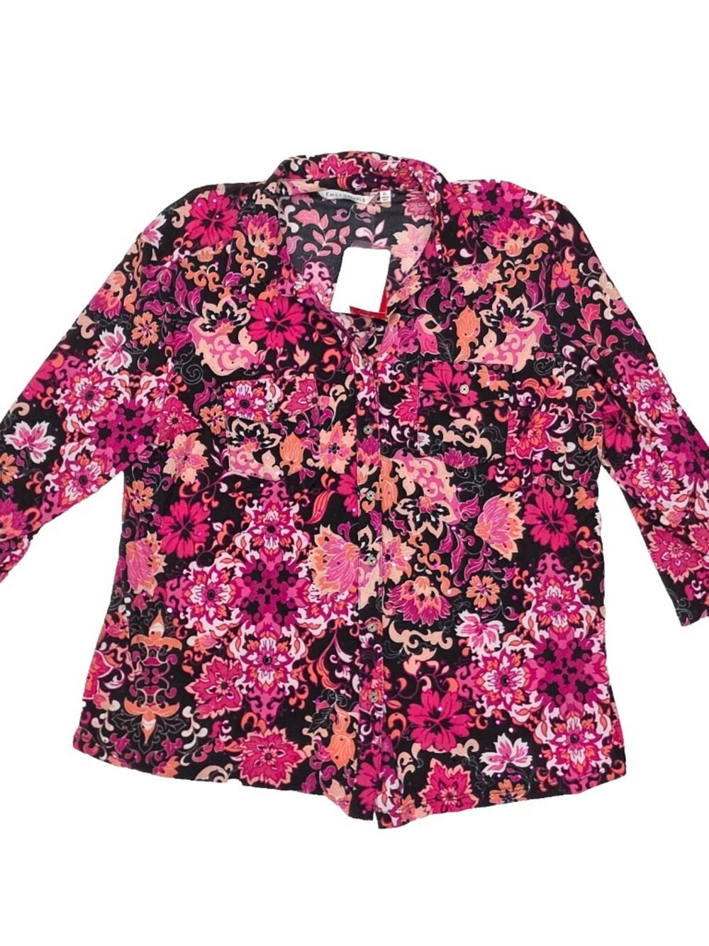 Emily Daniels Blouse Top Womens XL Pink Button Front Glitter 3/4 Stretch Floral